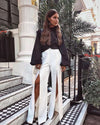 @louise.thompson in the white Pearl Embellished Front Slit Pants